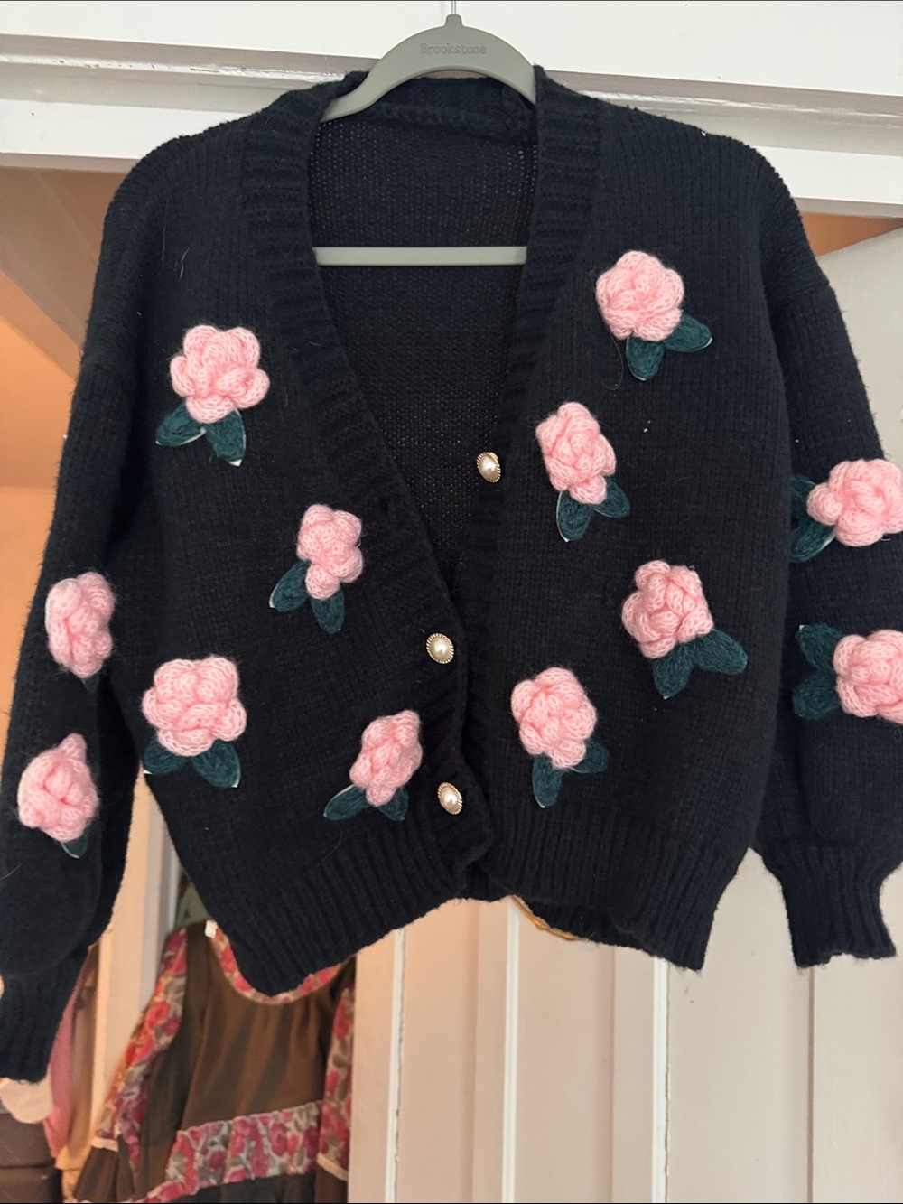 Black Women's Cardigan Sweater with Pink Floral Appliqué